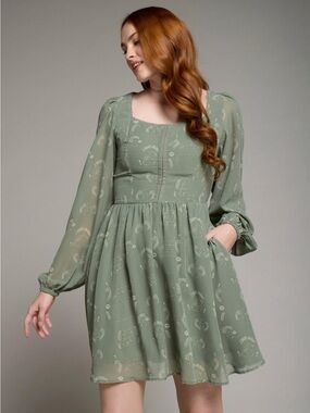 Square-Neck Sage Green Long-Sleeve Mini Dress